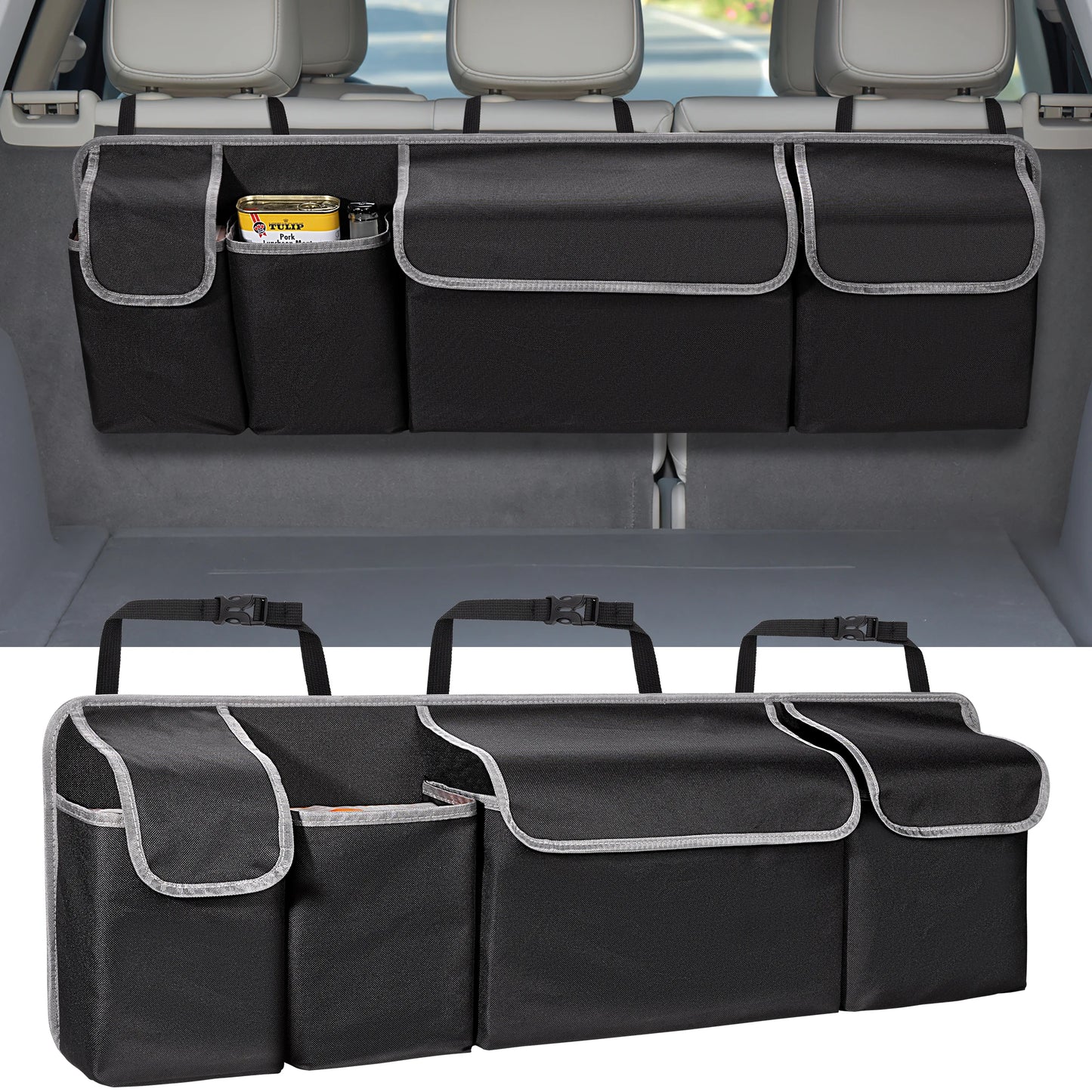 Car Trunk Organizer for SUV Backseat Hanging Organizer for SUV Truck MPV Upgrade Back Seat Storage Bags with 4 Pockets 39*14Inch