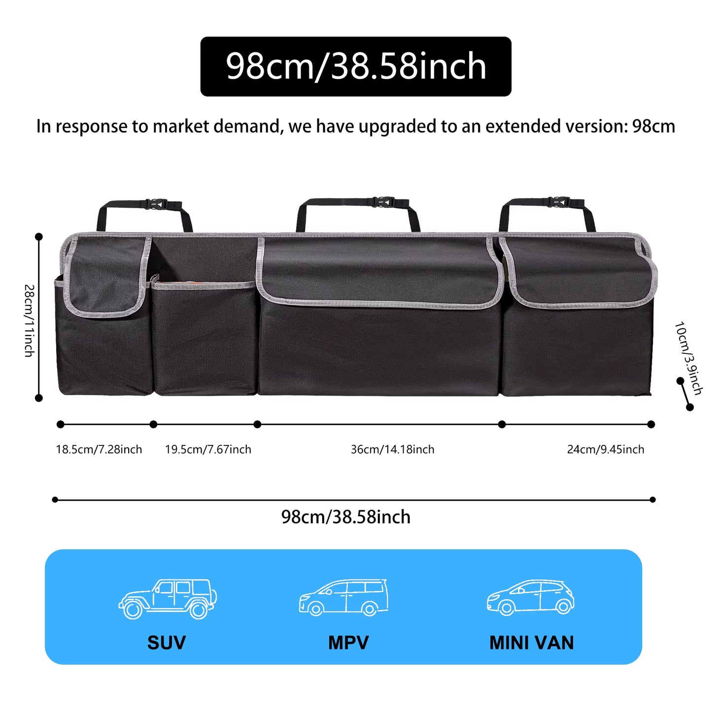 Car Trunk Organizer for SUV Backseat Hanging Organizer for SUV Truck MPV Upgrade Back Seat Storage Bags with 4 Pockets 39*14Inch